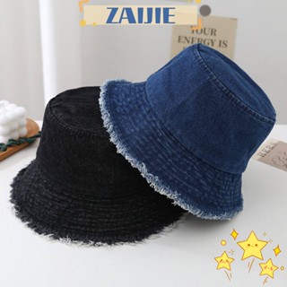 Zaijie24 หมวกบักเก็ต ผ้ายีน กันแดด ขอบแต่งขอบ แฟชั่น