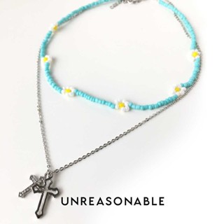 สร้อยคอ มาพร้อมจี้กางเขนสีเงิน ลูกปัดสีฟ้า Unreasonable Accessories UA0765-01