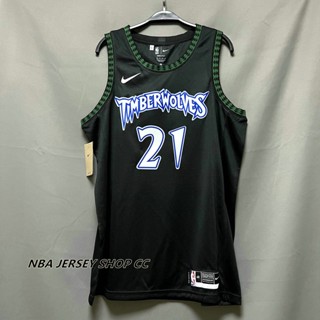 【คุณภาพสูง】ใหม่ ของแท้ NBA Minnesota Timberwolves สําหรับผู้ชาย #21 เสื้อกีฬาแขนสั้น ลายทีม Kevin Garnett Swingman สีดํา สไตล์วินเทจ