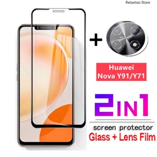 2IN1 Full Cover Tempered Glass Film For Huawei Nova Y91 NovaY91 NovaY71 4G 2023 Phone Front Camera Lens Film Full Screen HD Clear Protector Back Cover Glass Case Film