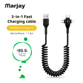 Marjay 66W 3in1 สายชาร์จเร็ว USB 6A สําหรับ Micro USB Type c สายชาร์จข้อมูล