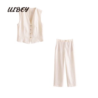 Uibey เสื้อกั๊ก คอวี สีพื้น + กางเกง แฟชั่น 2639