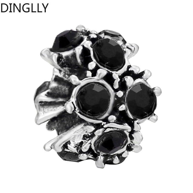 Dinglly สีเงิน โลหะผสม ลูกปัดสีดํา พลอยเทียม กลม ลูกปัดแยก เสน่ห์ เครื่องประดับ Diy ทําอุปกรณ์เสริม