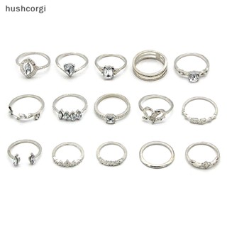 [hushcorgi] แหวนคู่รัก ประดับพลอยเทียม รูปใบไม้ สไตล์โบฮีเมียน 15 ชิ้น ต่อชุด