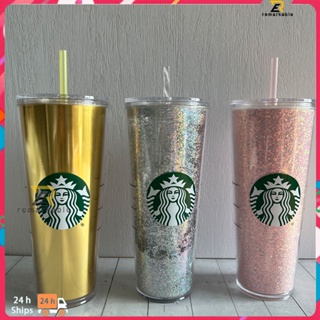 พร้อมส่ง Starbucks ถ้วยกาแฟสีสันสดใสพร้อมฝา Straw White Pink Gold เหมาะสำหรับ Home Office 710ml excellent_th