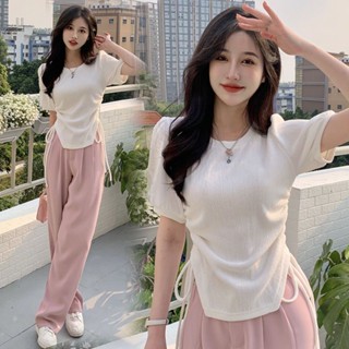 ชุดเสื้อสูทกางเกงขายาวลําลอง เอวสูง ทรงตรง แบบผูกเชือก แฟชั่นฤดูร้อน สําหรับเด็กผู้หญิง และนักเรียน มีสองชิ้น20230814