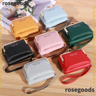 Rosegoods1 กระเป๋าใส่เหรียญ ใบสั้น สายคล้องข้อมือ กระเป๋าสตางค์ผู้หญิง ความจุขนาดใหญ่ กระเป๋าการ์ด สีพื้น PU หญิง