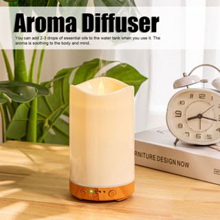  Hom-E 130ML เครื่องทำให้ชื้น Aromatherapy Diffuser รูปทรงเทียนลายไม้ตื้นพร้อมโคมไฟเปลวไฟ 100-240V สำหรับของขวัญวันหยุด