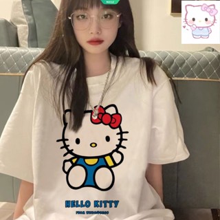 เสื้อยืดแขนสั้น พิมพ์ลาย Hello Kitty ทรงหลวม ขนาดใหญ่ แฟชั่นฤดูร้อน สําหรับผู้หญิง