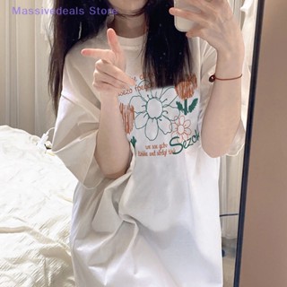 Massivedeals เสื้อยืดลําลอง แขนสั้น คอกลม พิมพ์ลายดอกไม้ ทรงหลวม แฟชั่นฤดูร้อน สําหรับสตรี