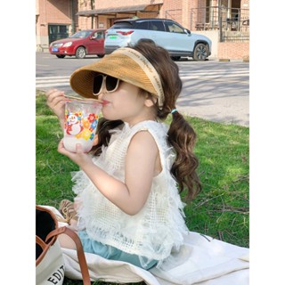 Korean childrens clothing 2023 Summer new girls sleeveless tassel top wooden ear shorts suit Western style two-piece suit YIJV