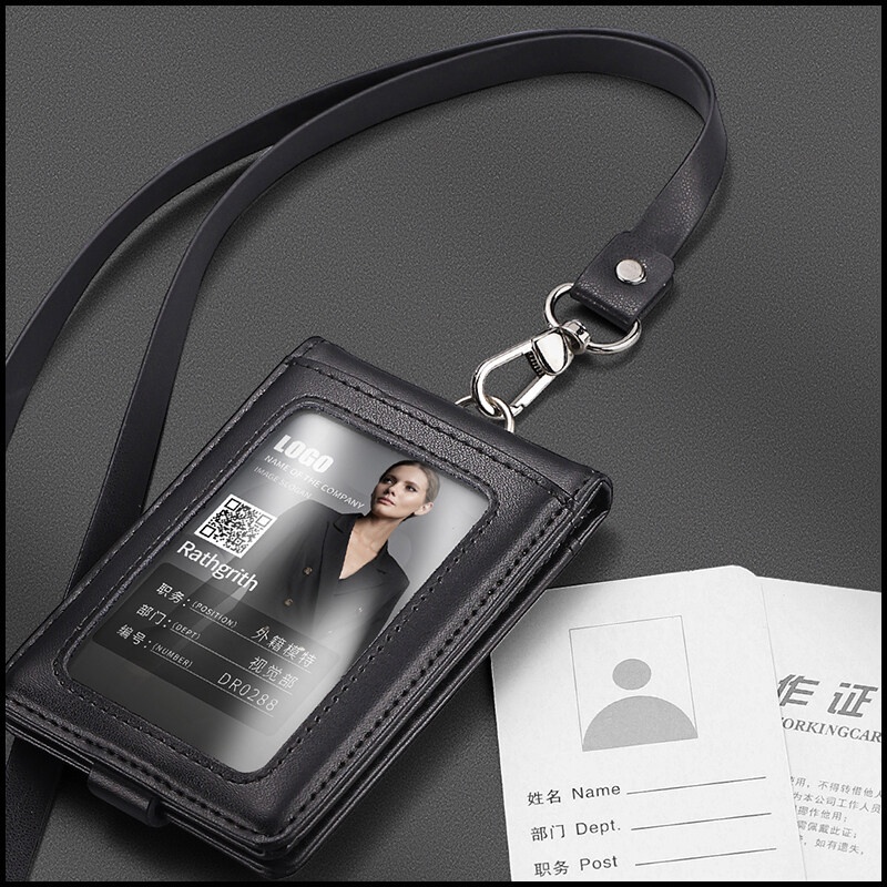 กระเป๋าใส่บัตรประจําตัว ป้ายชื่อ หนังแท้ พร้อมสายคล้อง อุปกรณ์เสริม สําหรับพนักงาน ทํางาน