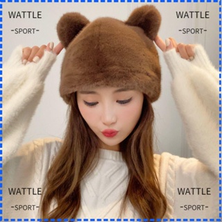 Wattle หมวกบักเก็ต ผ้ากํามะหยี่ขนนิ่ม ป้องกันหู แต่งขนเฟอร์ ลายการ์ตูนน่ารัก สีพื้น ให้ความอบอุ่น แฟชั่นฤดูหนาว สําหรับผู้หญิง