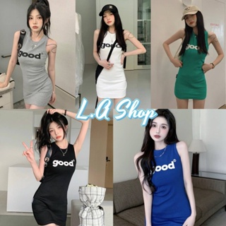 L.A Shop พร้อมส่ง  ชุดเดรสไหมพรมแขนกุด ดีเทลสกีนตัวอักษรgood คิ้วมาก "83172"