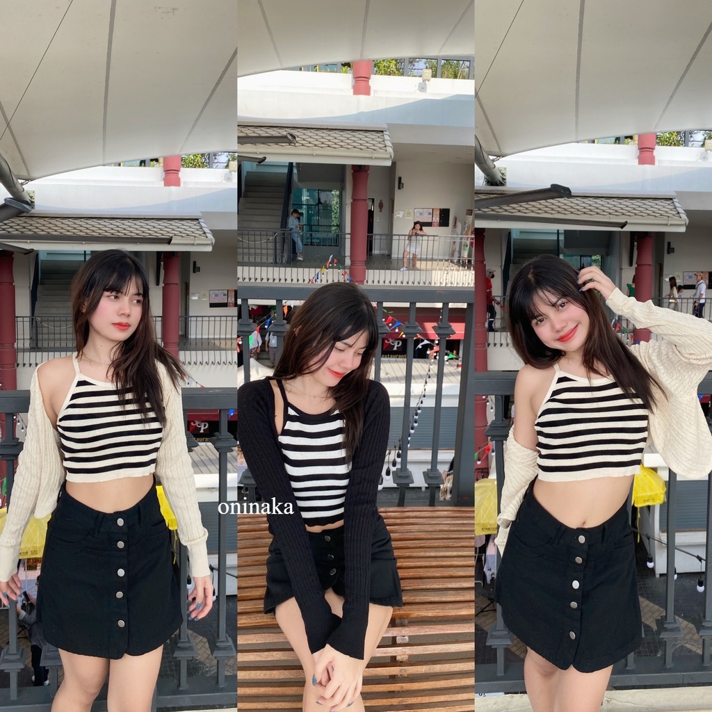 Oninaka เสื้อเซต 2 ชิ้นแขนยาวลายทาง น่ารัก