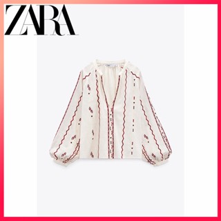 Zara ใหม่ เสื้อท็อป ผ้าฝ้ายผสม ปักลาย สําหรับผู้หญิง