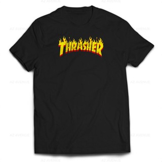 【💘💘】เสื้อยืดพิมพ์ลายแฟชั่น เสื้อยืดแขนสั้น ผ้าฝ้าย 100% พิมพ์ลาย Thrasher skateboard streetwear 180gsm สําหรับผู้ชาย