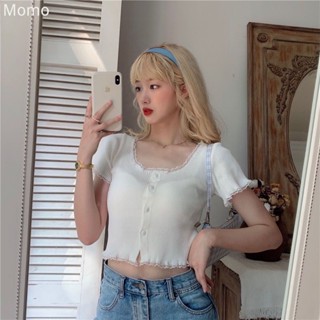 MOMO~ลูกไม้แขนสั้นถักด้านบน เสื้อสเวตเตอร์ถักสีม่วง Slim Fit เสื้อยืดแขนสั้น MQ079