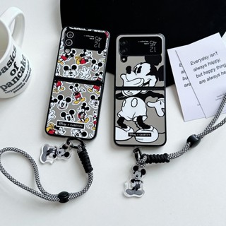 เคสโทรศัพท์แบบกระจกแข็ง กันกระแทก ลายการ์ตูนมิกกี้เมาส์ พร้อมสายโซ่คล้อง สําหรับ Samsung Galaxy Z Flip 4 5G Z Flip 3 Flip5