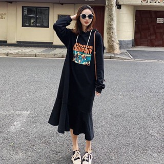 【Dress Oversized】(40-150 กก.) ชุดเดรสแขนยาว มีฮู้ด พิมพ์ลาย สไตล์เกาหลี พลัสไซซ์ สําหรับหญิงตั้งครรภ์