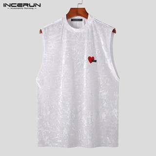 Incerun เสื้อกล้าม แขนกุด ผ้ากํามะหยี่ ระบายอากาศ ทรงหลวม ลายหัวใจ สําหรับผู้ชาย