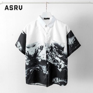 ASRV เสื้อเชิ้ตผู้ชาย เสื้อเชิ้ตแขนสั้นพิมพ์ลายภูเขาหิมะใหม่แบรนด์น้ำแห่งชาติ BF สไตล์ขี้เกียจกำลังอินเทรนด์