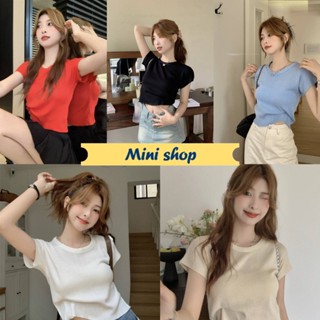 Mini shop🌸พร้อมส่ง🌸 (91036) เสื้อครอปสั้นไหมพรม แขนสั้นคอกลท ผ้ายืดใส่สบาย  -C