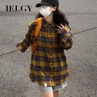 IELGY เสื้อเชิ้ต ลายสก๊อต สีเหลือง สไตล์ฮ่องกง ย้อนยุค ลําลอง ระดับสูง ทรงหลวม สําหรับผู้หญิง