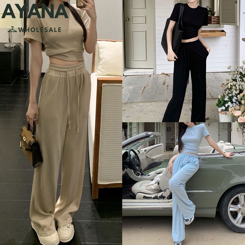 พร้อมส่ง เสื้อยืดแขนสั้น+กางเกงขายาวลำลอง ชุดเซ็ทลำลองสีพื้นๆ ชุด 2 ชิ้น เสื้อผ้าแฟชั่น หน้าร้อน