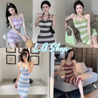 L.A Shop พร้อมส่ง  ชุดเดรสไหมพรม คล้องคอรัดรูปดีเทลลายทาง "6A96" -C