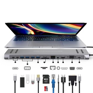 13 in 1 ฮับเชื่อมต่อเครือข่าย USB C พร้อมขาตั้งแล็ปท็อป HDMI VGA PD 3.0 USB C 10 100M Gigabit