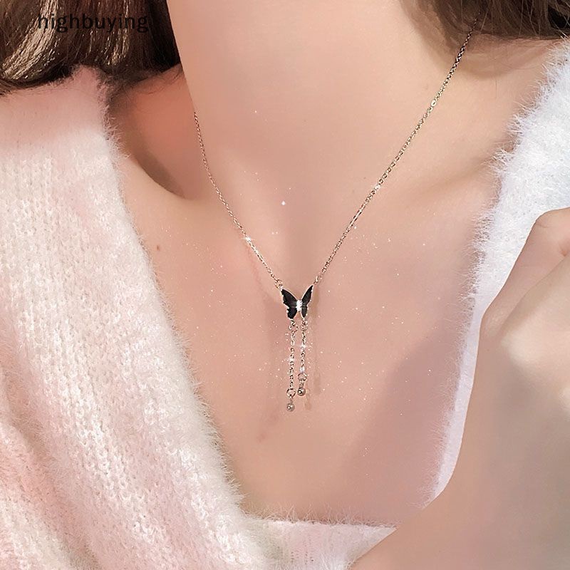 [highbuying] สร้อยคอโซ่ จี้รูปผีเสื้อ สีดํา ประดับพู่ เครื่องประดับแฟชั่น สําหรับผู้หญิง พร้อมส่ง
