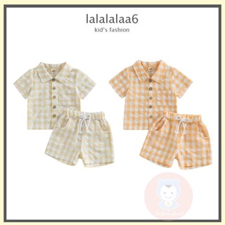 Laa6- เสื้อเชิ้ตแขนสั้น ลายสก๊อต และกางเกงขาสั้น แบบผูกเชือก สําหรับเด็กผู้ชาย