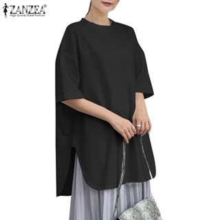 Zanzea เสื้อยืดลําลอง คอกลม แขนห้าส่วน ผ้าถัก สีพื้น สไตล์เกาหลี สําหรับผู้หญิง