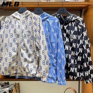 Mlb NY ของแท้ 100% เสื้อแจ็กเก็ต กันแดด มีฮู้ด ปักลายโลโก้ มีซิป สําหรับผู้ชาย ผู้หญิง