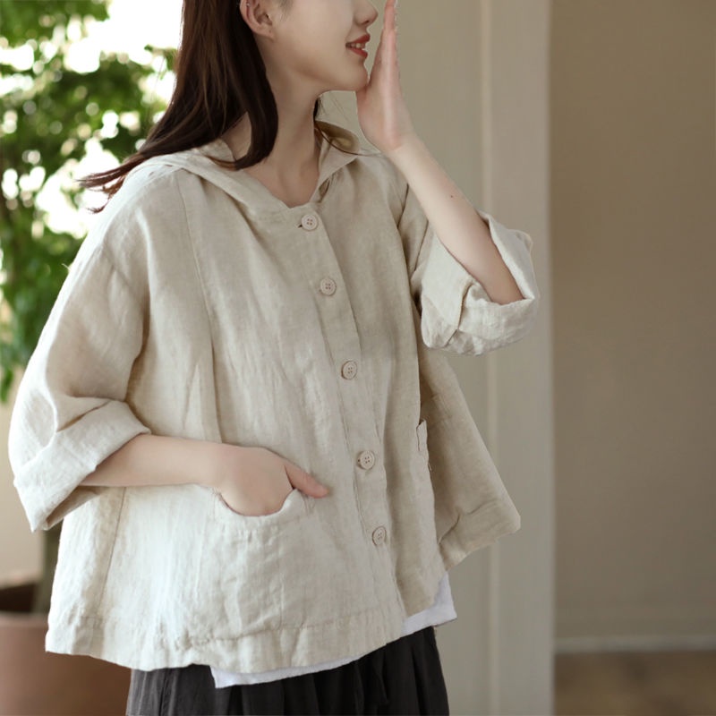 เสื้อแจ็กเก็ตคาร์ดิแกนแขนยาวลําลอง มีฮู้ด ผ้าฝ้าย และผ้าลินิน ทรงหลวม ตัวสั้น เหมาะกับฤดูใบไม้ผลิ และฤดูร้อน สําหรับผู้หญิง 2023