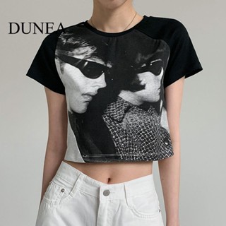 Dunea เสื้อยืด แขนสั้น พิมพ์ลายหัว สไตล์วินเทจ อเมริกัน สําหรับผู้หญิง