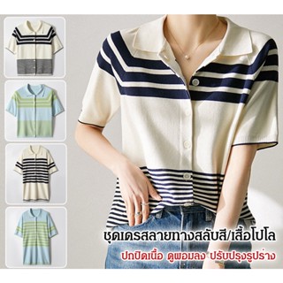 YYYเสื้อ POLO ลายทางเข้าสีสันสดใส