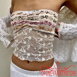 Topone- เสื้อครอปท็อป ผ้าตาข่าย ลายดอกไม้ ประดับโบว์น่ารัก สไตล์เรโทร สําหรับผู้หญิง Y2K