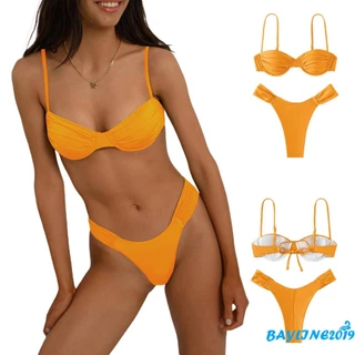 (จัดส่งในกรุงเทพฯ)-ผู้หญิงว่ายน้ําชุดบิกินี่,สีทึบจีบแขนกุดbra+กางเกงขาสั้นกางเกงชุดว่ายน้ําชุดว่ายน้ํา