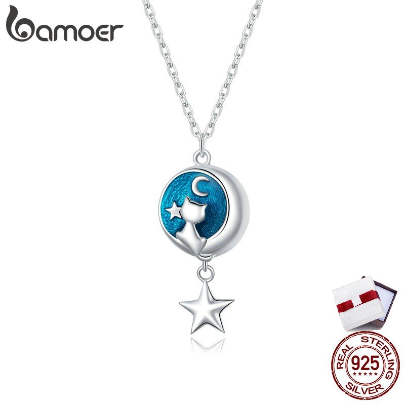 bamoer Genuine 925 Sterling Silver GeometricMoon & Cat Pendant Necklace for Women Lover Couple Jewelry Gift 45cm SCN422
