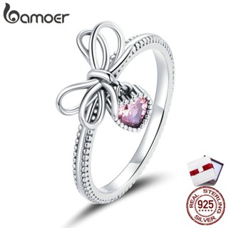 bamoer 925 Sterling Silver Gift with Bow Finger Rings for Women Vintage Retro Stackable Rings Band Silver Fine Jewelry SCR682