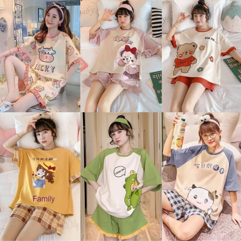 FAMILY ชุดดนอนแขน-ขาสั้น ลายการ์ตูน ผ้านิ่ม ใส่สบาย พร้อมส่งในไทย #4343
