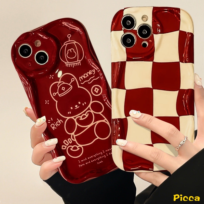 เคสโทรศัพท์มือถือ ลายน่ารัก สีแดง สําหรับ Oppo A17 A77 A78 A77S A15s A58 A1K A5 A9 A12 A57 A95 A16 A96 A16k A7 A15 A53 A3s A5s A55 A74 A54 A17K A52 A31 A76 A16s Reno 4F 5 6 5z 7z 8z 8T เคสลายตารางหมากรุก กระต่าย