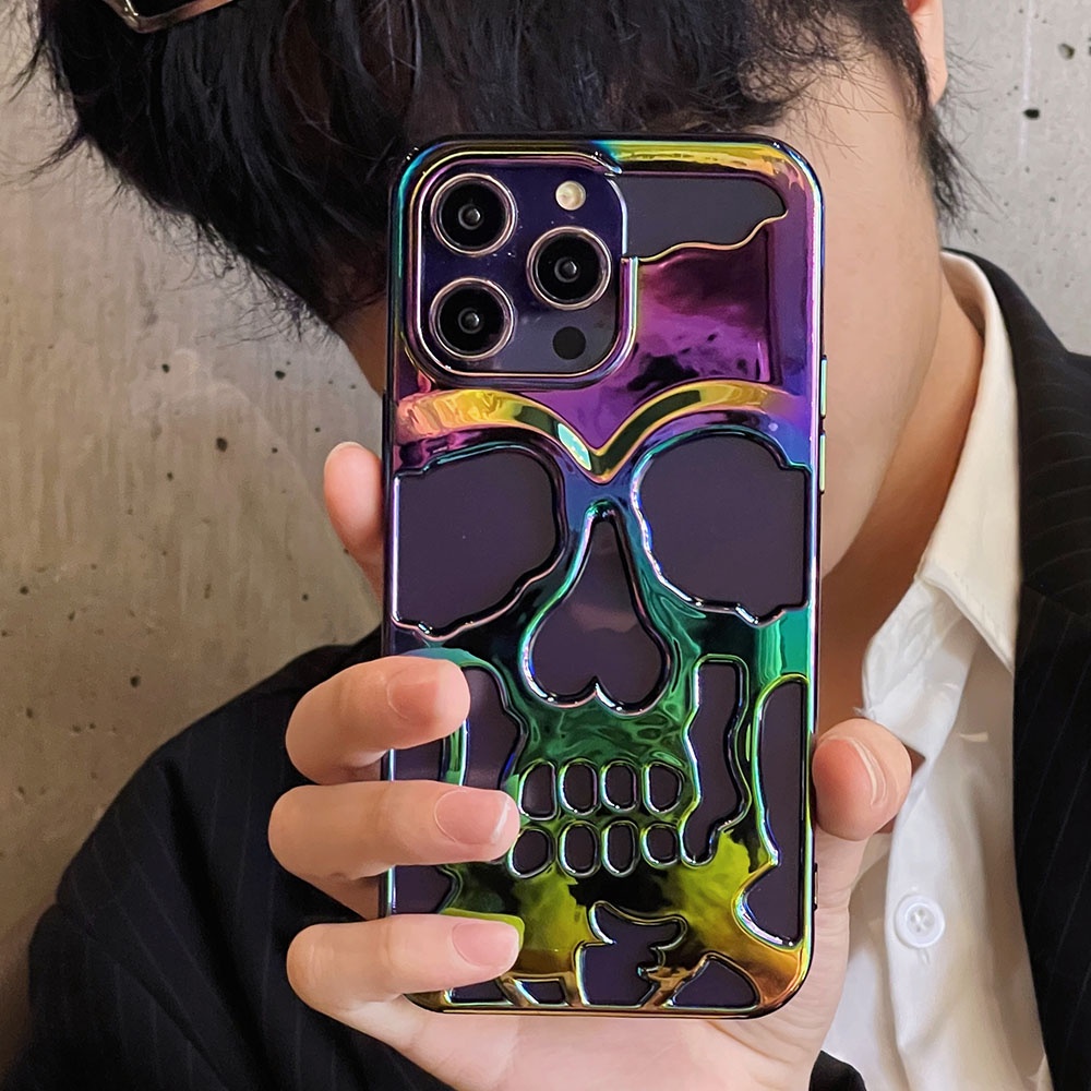 Cool 3D Hollow Skeleton Skull สําหรับ iPhone 14 13 12 Pro Max 11 16 15 Plus โทรศัพท์ปกหลังกันกระแทกชุบสีสันเลเซอร์ TPU Funda