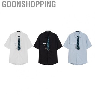 Goonshopping Button Closure Shirts  Loose Type Casual Short Sleeve Shirt Turn Down Collar Necktie Polyester  for Women for Work