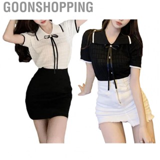 Goonshopping Women Knitted Blouse  Tie Front Summer Outfits Single Breasted Turn Down Collar Elegant  for Lady for Office