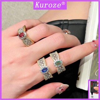 Kuroze แหวนทอง 18K ประดับเพชร ทับทิม ลูกไม้ สีฟ้า แฟชั่น