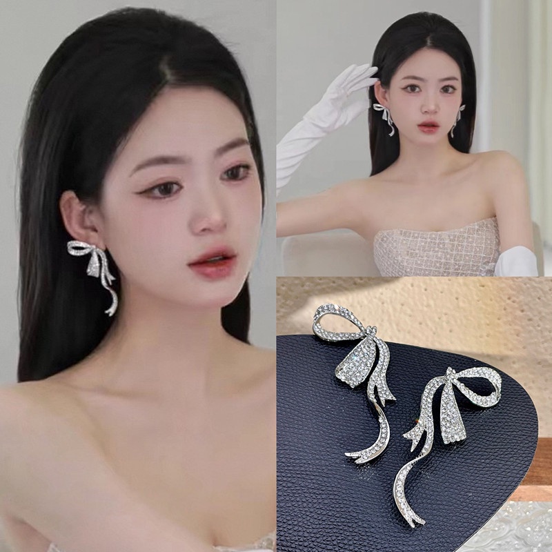 สาวโบว ์ Rhinestone พู ่ ต ่ างหูแฟชั ่ นเกาหลีต ่ างหูสําหรับผู ้ หญิงต ่ างหูโบว ์ เงินเกินจริง