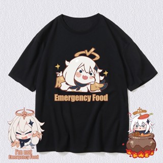 ผ้าฝ้ายแท้ Genshin Impact Paimon น่ารักเกมเสื้อยืดแขนสั้นลายการ์ตูน สีดำ.สีขาว น่ารักมากๆ แฟชั่น